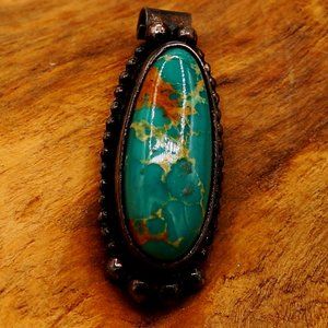 Southwest Native American Style Oblong Turquoise Vintage Silver Pendant